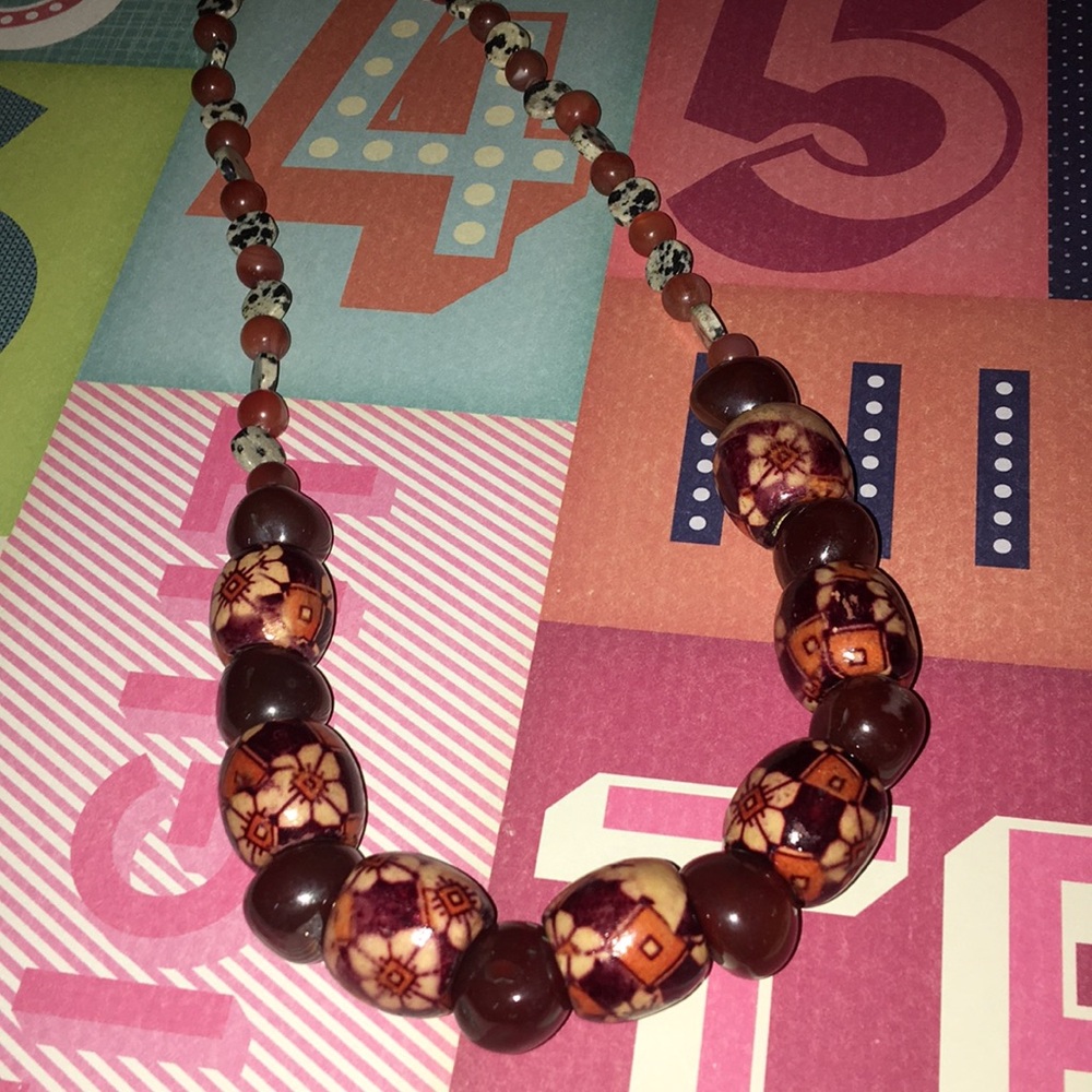 Beautiful bead necklace 21” long wood glass stone